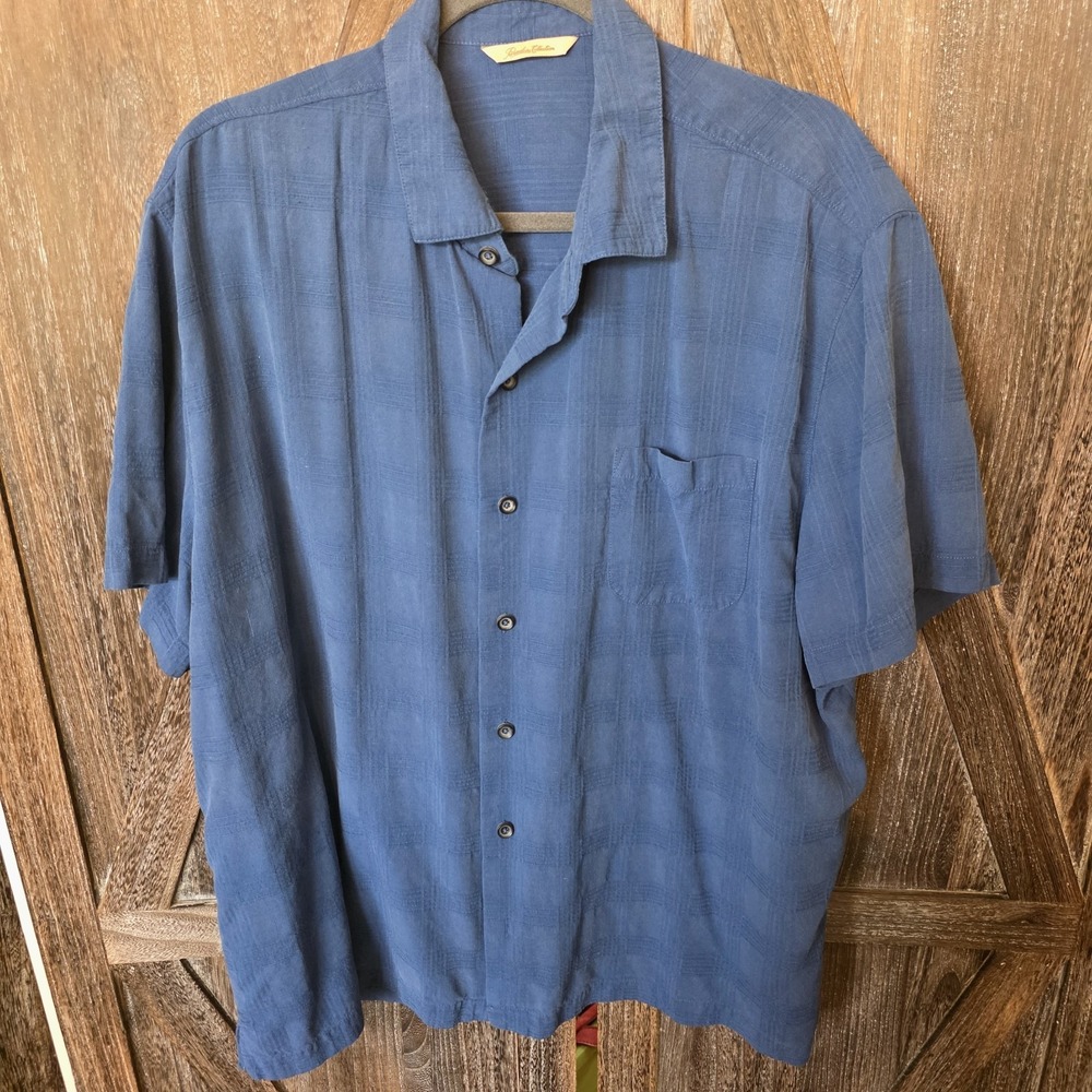 Paradise Collection Shirt Men's Size XXL Blue 100% Silk Button Up Short Sleeve